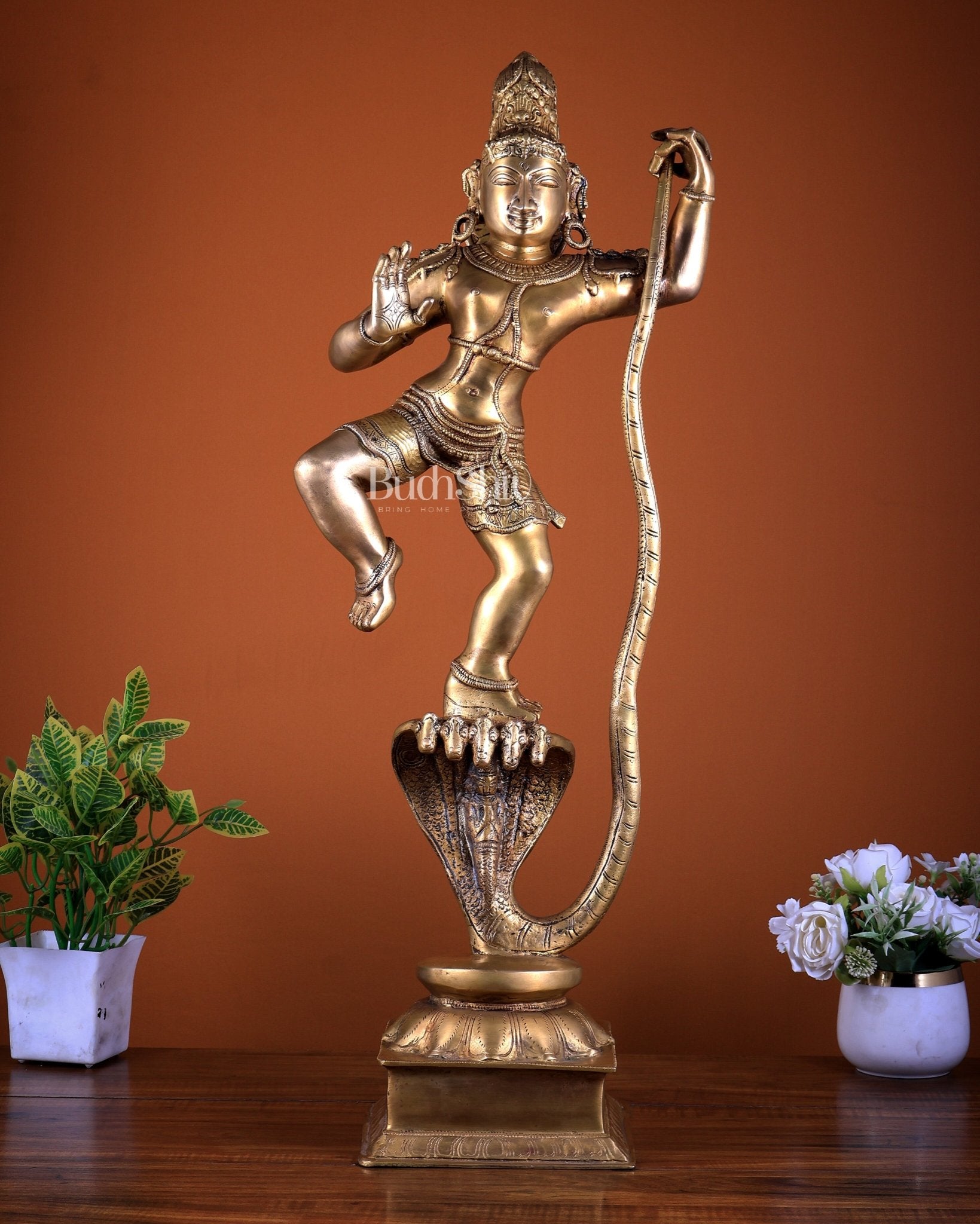 Pure Brass Krishna Dancing on Kaliya Naag (Kalinga Narthana Krishna) Sculpture 29" - Budhshiv.com