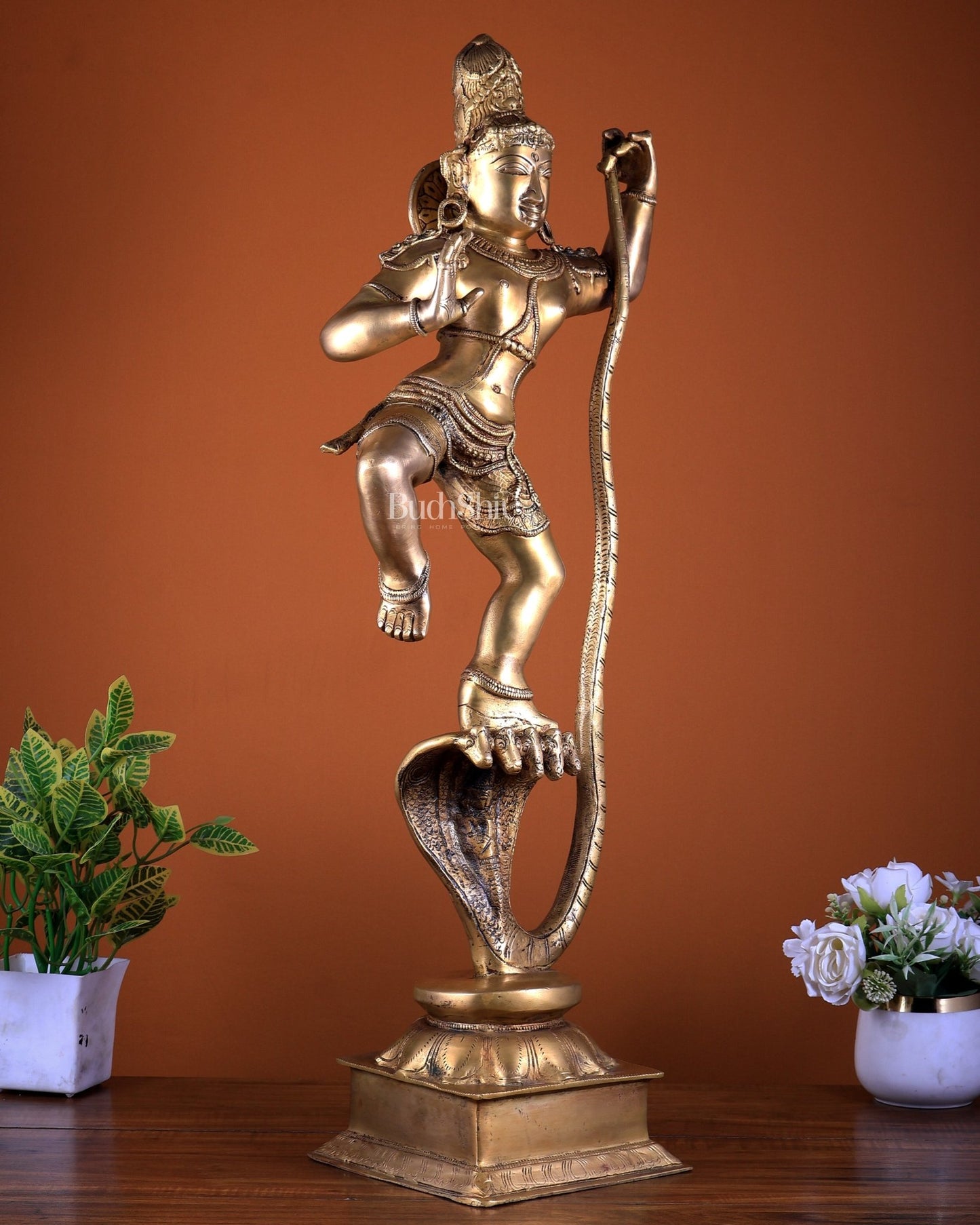 Pure Brass Krishna Dancing on Kaliya Naag (Kalinga Narthana Krishna) Sculpture 29" - Budhshiv.com