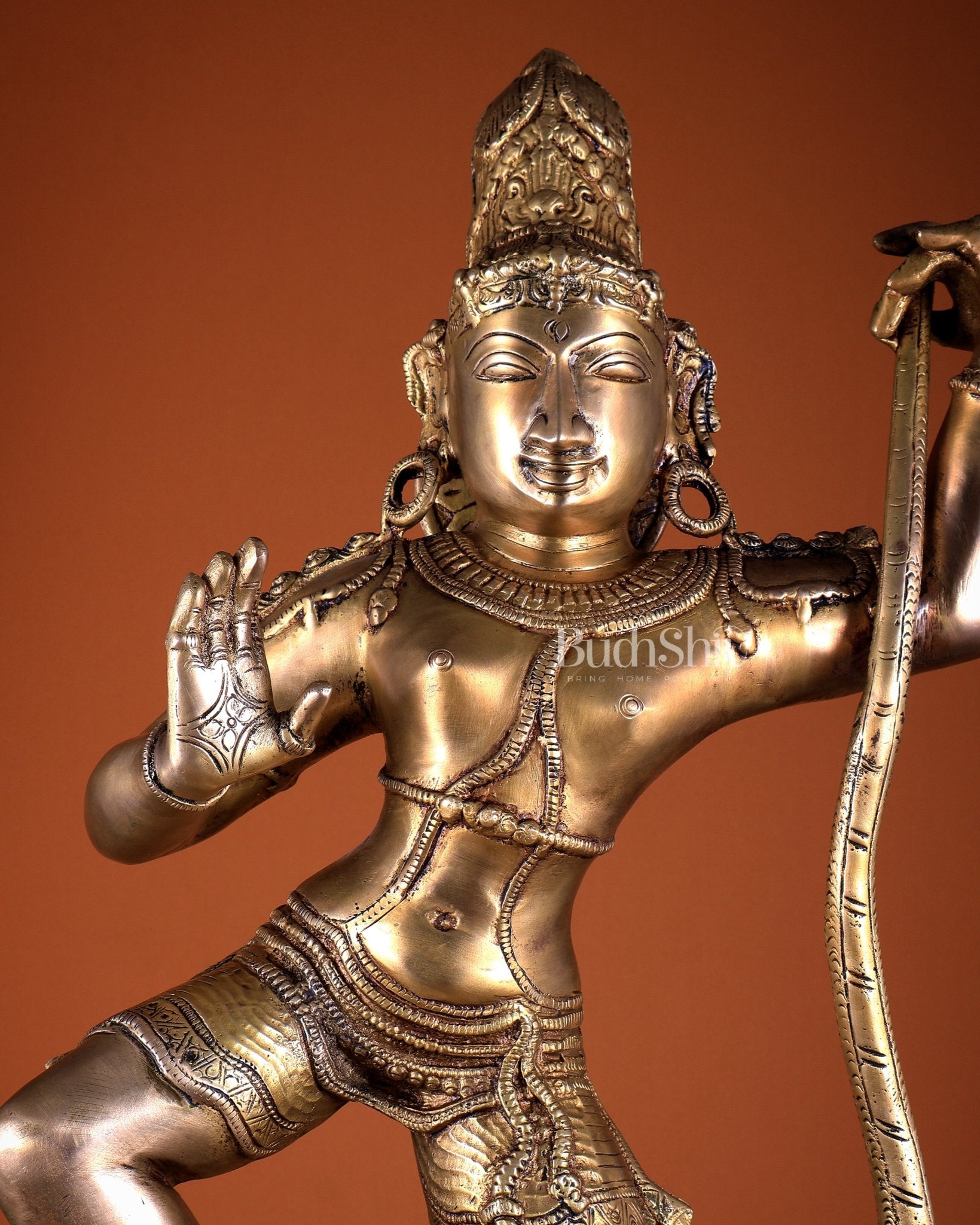 Pure Brass Krishna Dancing on Kaliya Naag (Kalinga Narthana Krishna) Sculpture 29" - Budhshiv.com