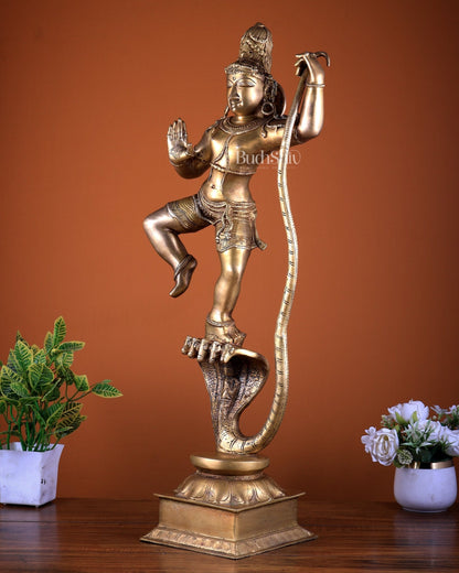 Pure Brass Krishna Dancing on Kaliya Naag (Kalinga Narthana Krishna) Sculpture 29" - Budhshiv.com