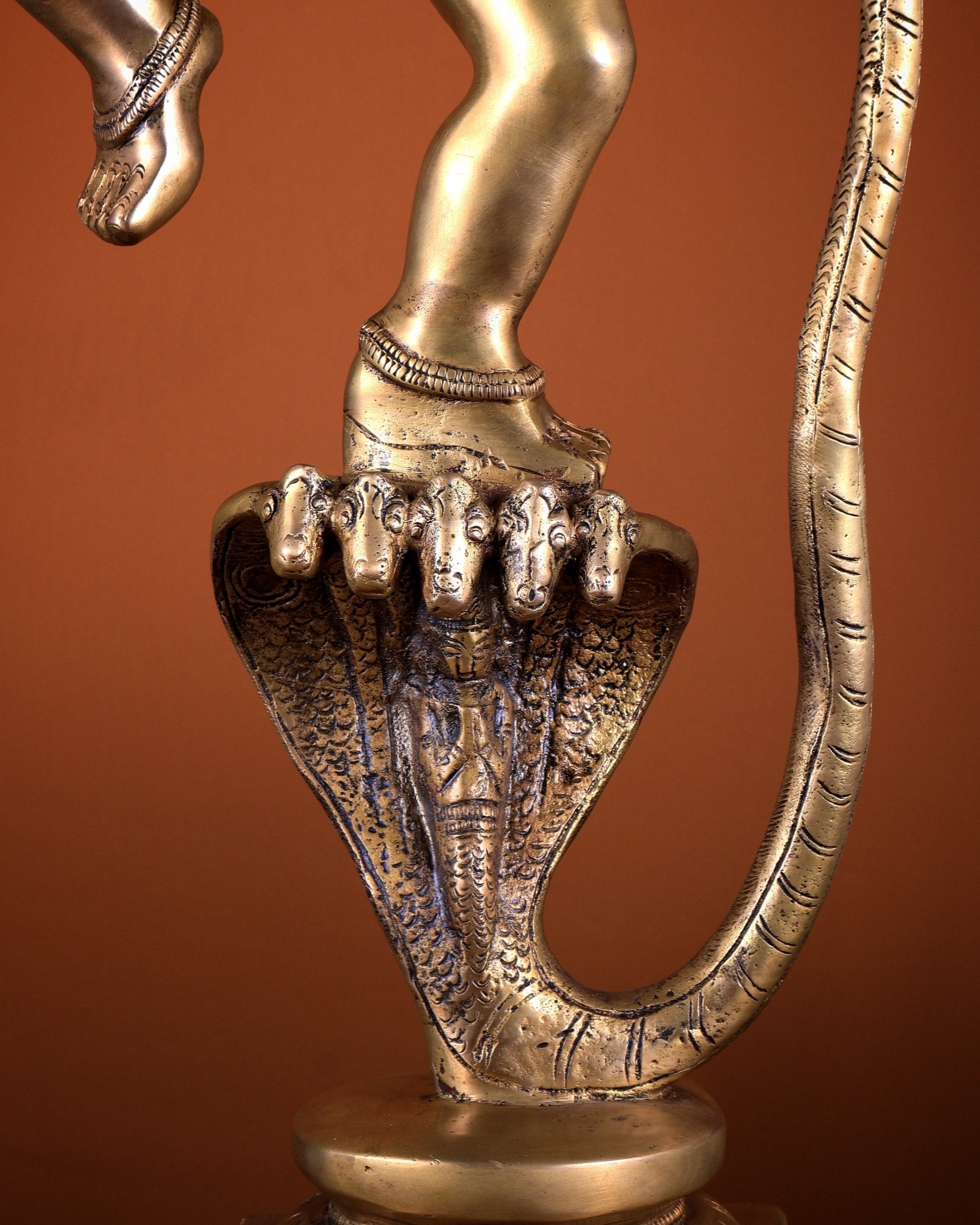 Pure Brass Krishna Dancing on Kaliya Naag (Kalinga Narthana Krishna) Sculpture 29" - Budhshiv.com