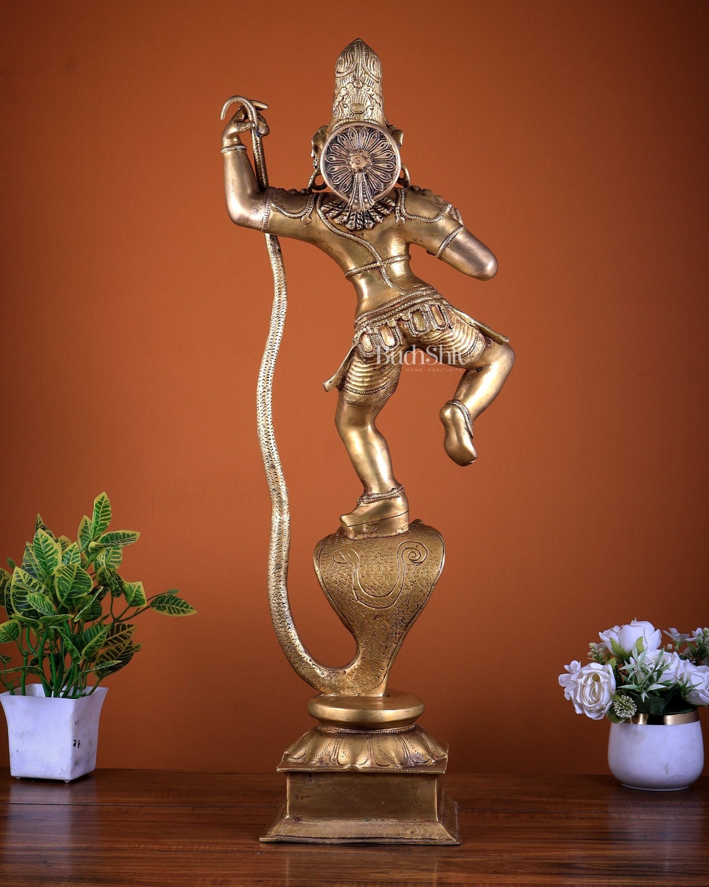 Pure Brass Krishna Dancing on Kaliya Naag (Kalinga Narthana Krishna) Sculpture 29" - Budhshiv.com