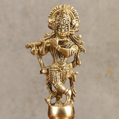 Pure Brass Krishna Handcrafted Hand Bell - 7 in Height - Budhshiv.com