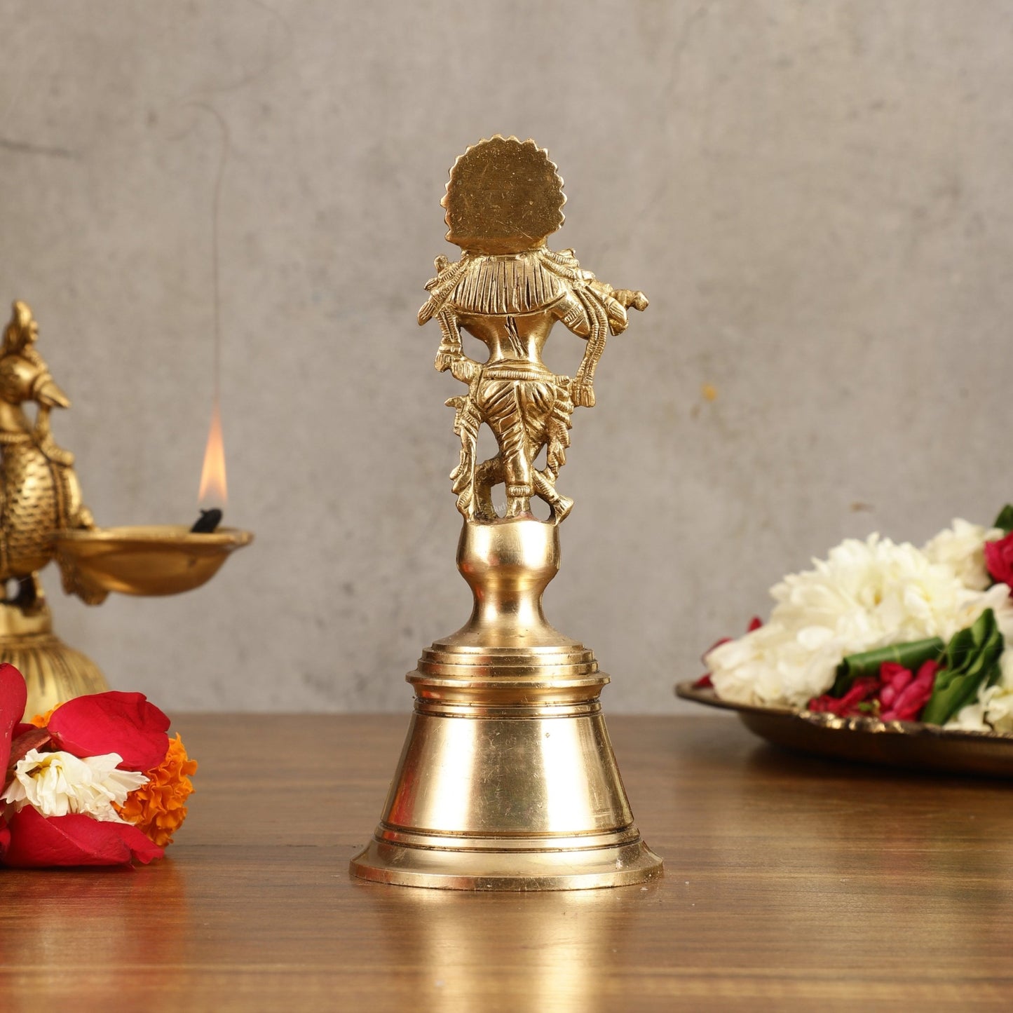 Pure Brass Krishna Handcrafted Hand Bell - 7 in Height - Budhshiv.com