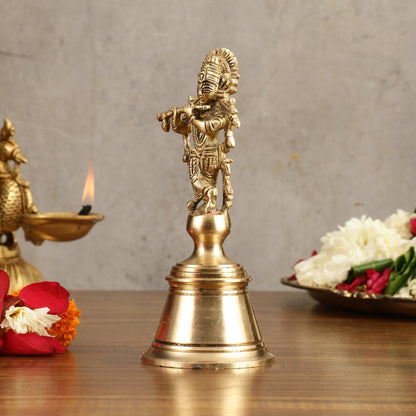 Pure Brass Krishna Handcrafted Hand Bell - 7 in Height - Budhshiv.com
