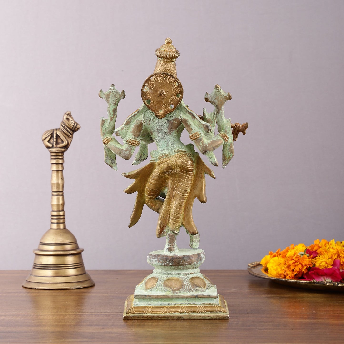 Pure Brass Krishna Roopam Vishnu Sculpture - Sand Blast Finish | 12" - Budhshiv.com