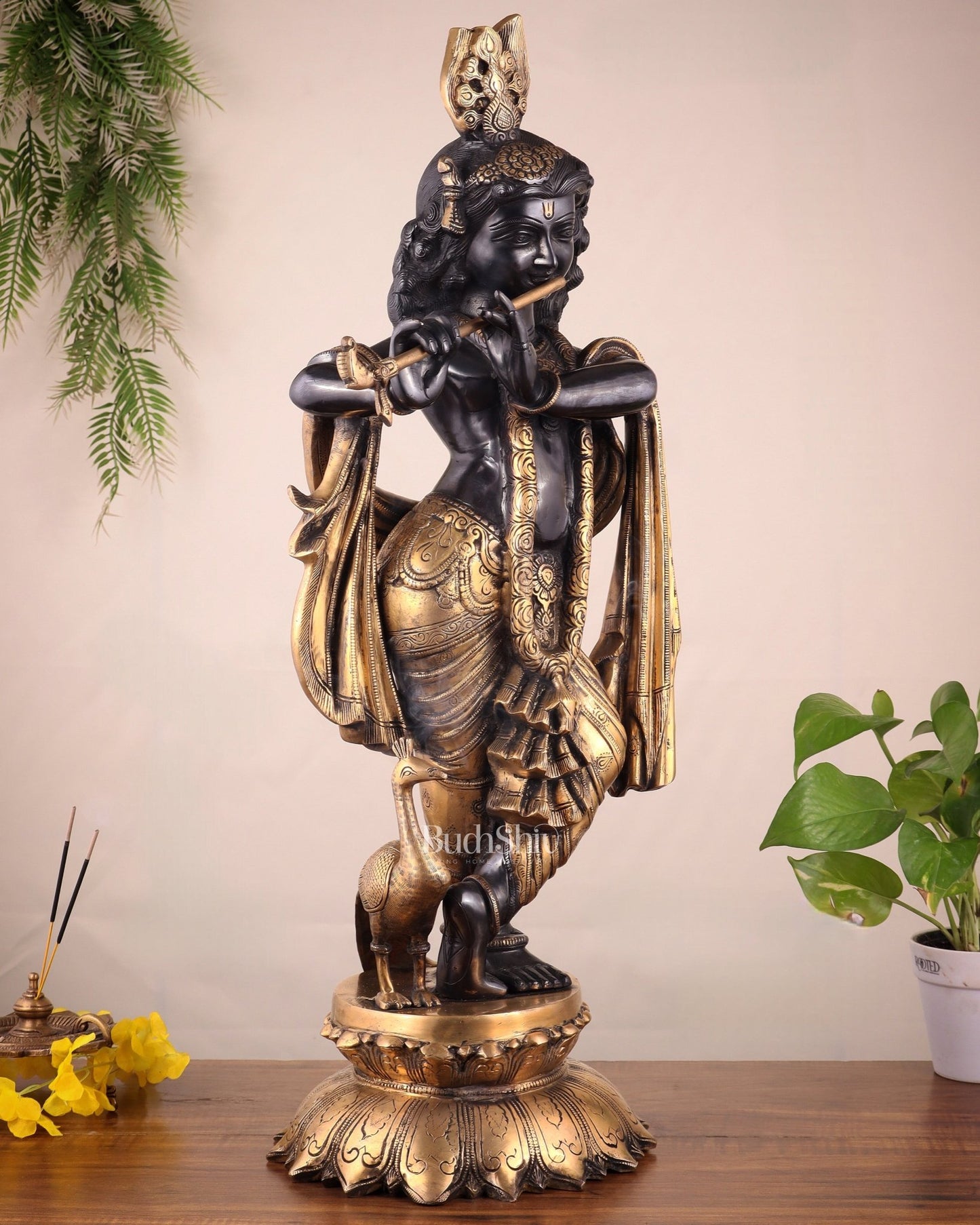 Pure Brass Krishna Statue – 27" Black - Budhshiv.com