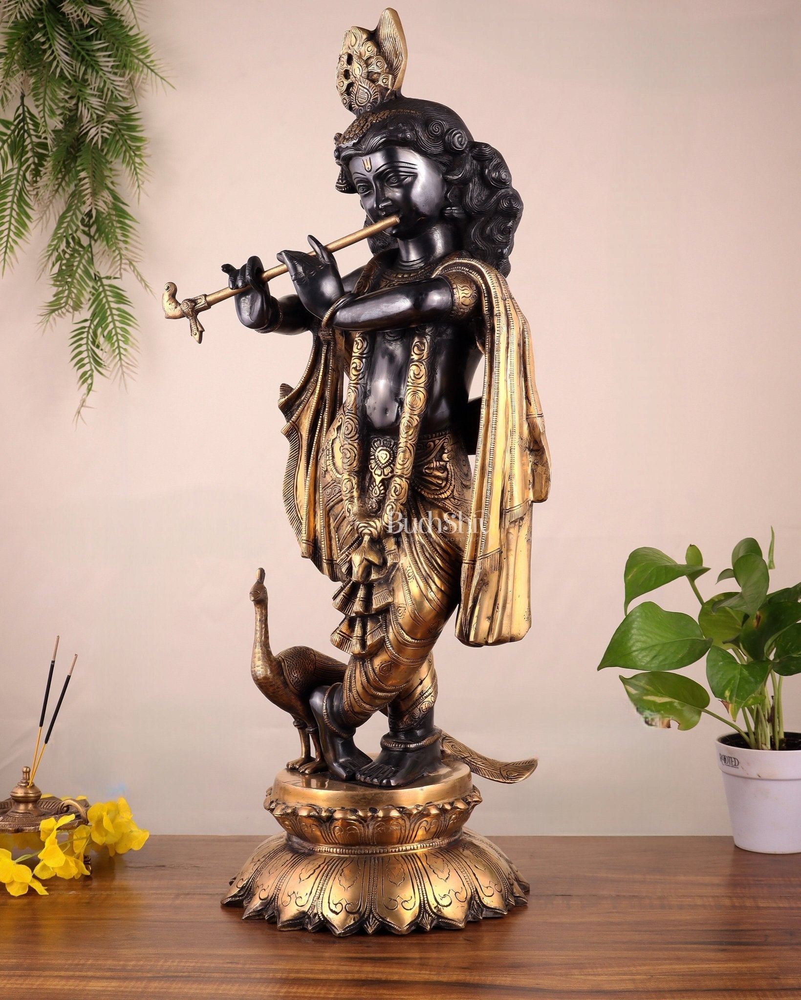 Pure Brass Krishna Statue – 27" Black - Budhshiv.com