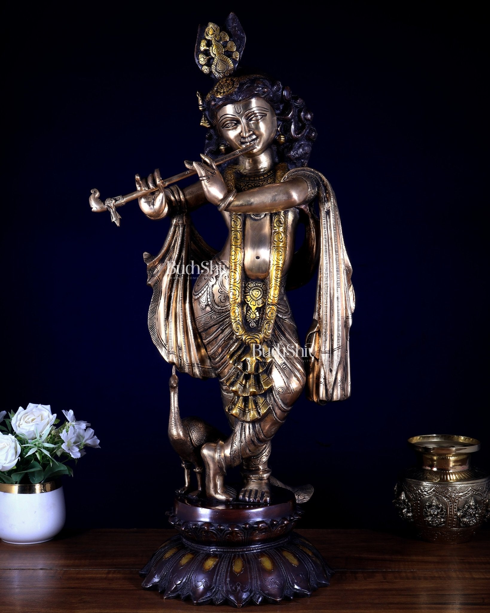 Pure Brass Krishna statue smiling face three tone finish 27 inch - Budhshiv.com