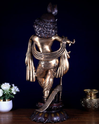 Pure Brass Krishna statue smiling face three tone finish 27 inch - Budhshiv.com