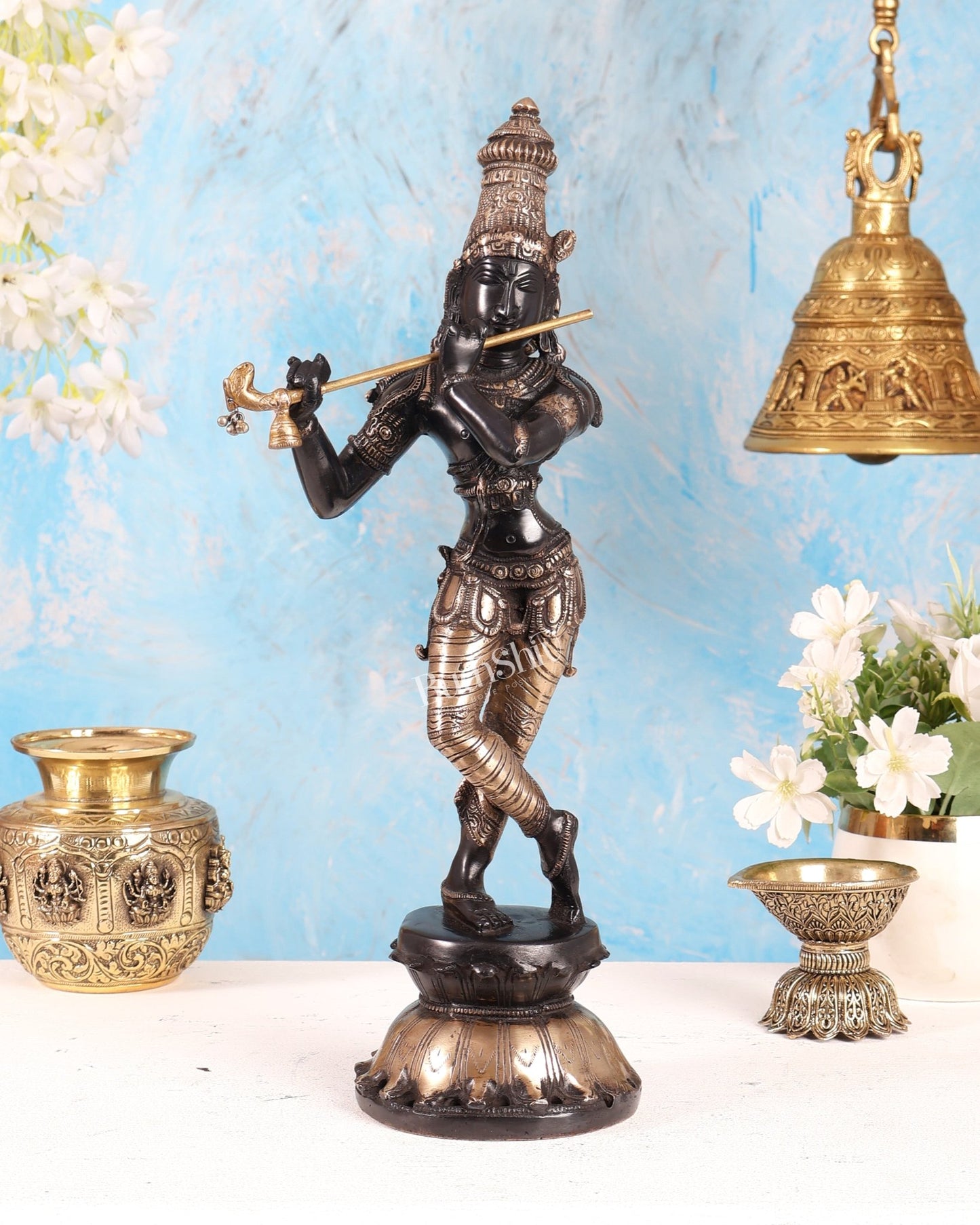 Pure Brass Krishna Statue with black Finish – Divine Lord Krishna Idol (15 Inch) - Budhshiv.com