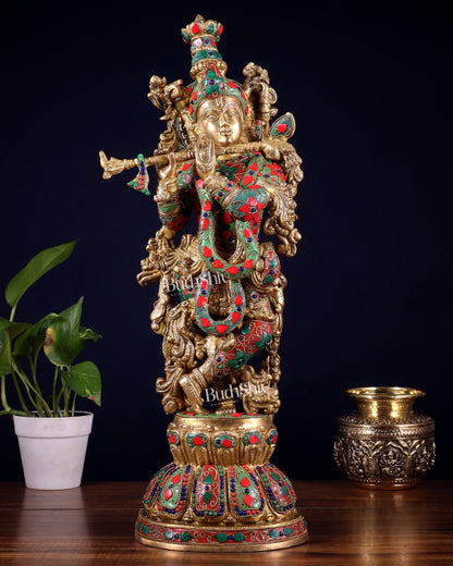 Pure Brass Krishna Statue with floral Stonework, 21" Height - Budhshiv.com