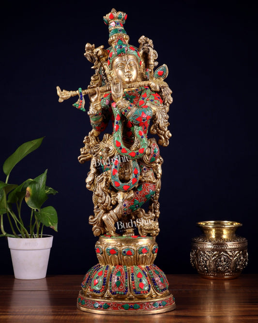 Pure Brass Krishna Statue with floral Stonework, 21" Height - Budhshiv.com