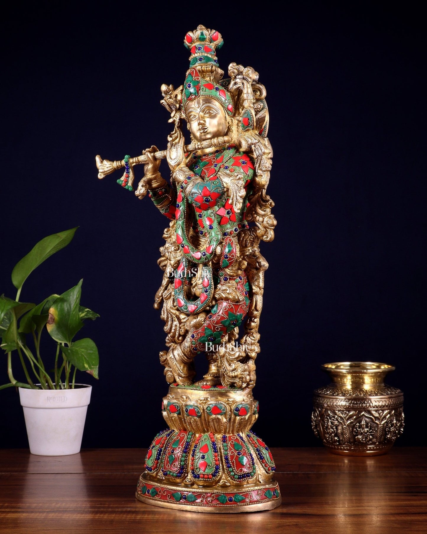 Pure Brass Krishna Statue with floral Stonework, 21" Height - Budhshiv.com