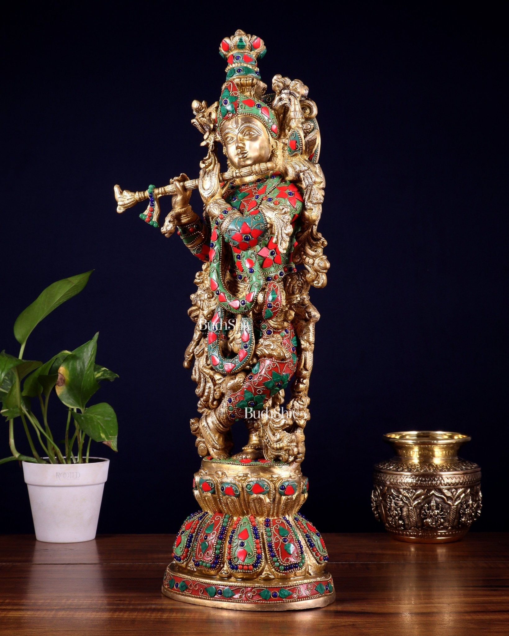 Pure Brass Krishna Statue with floral Stonework, 21" Height - Budhshiv.com