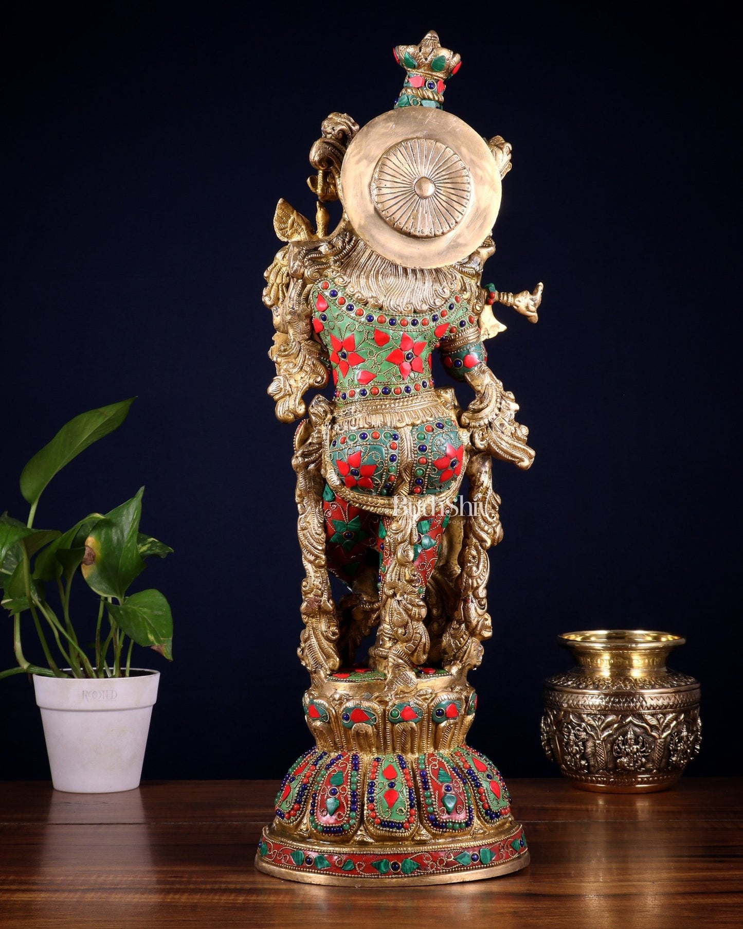 Pure Brass Krishna Statue with floral Stonework, 21" Height - Budhshiv.com
