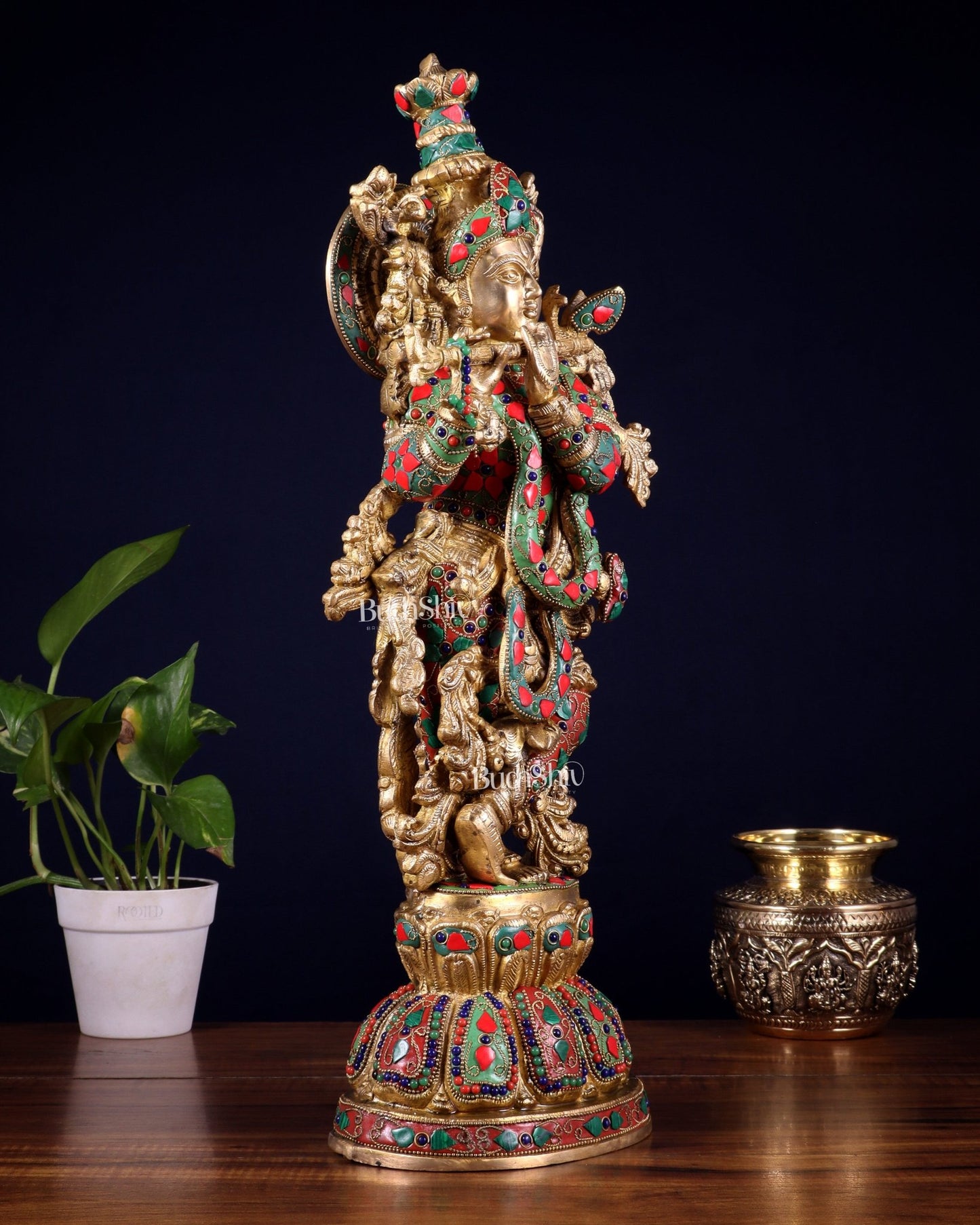 Pure Brass Krishna Statue with floral Stonework, 21" Height - Budhshiv.com