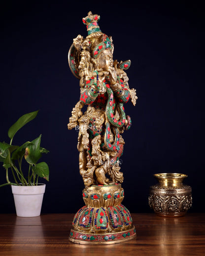 Pure Brass Krishna Statue with floral Stonework, 21" Height - Budhshiv.com