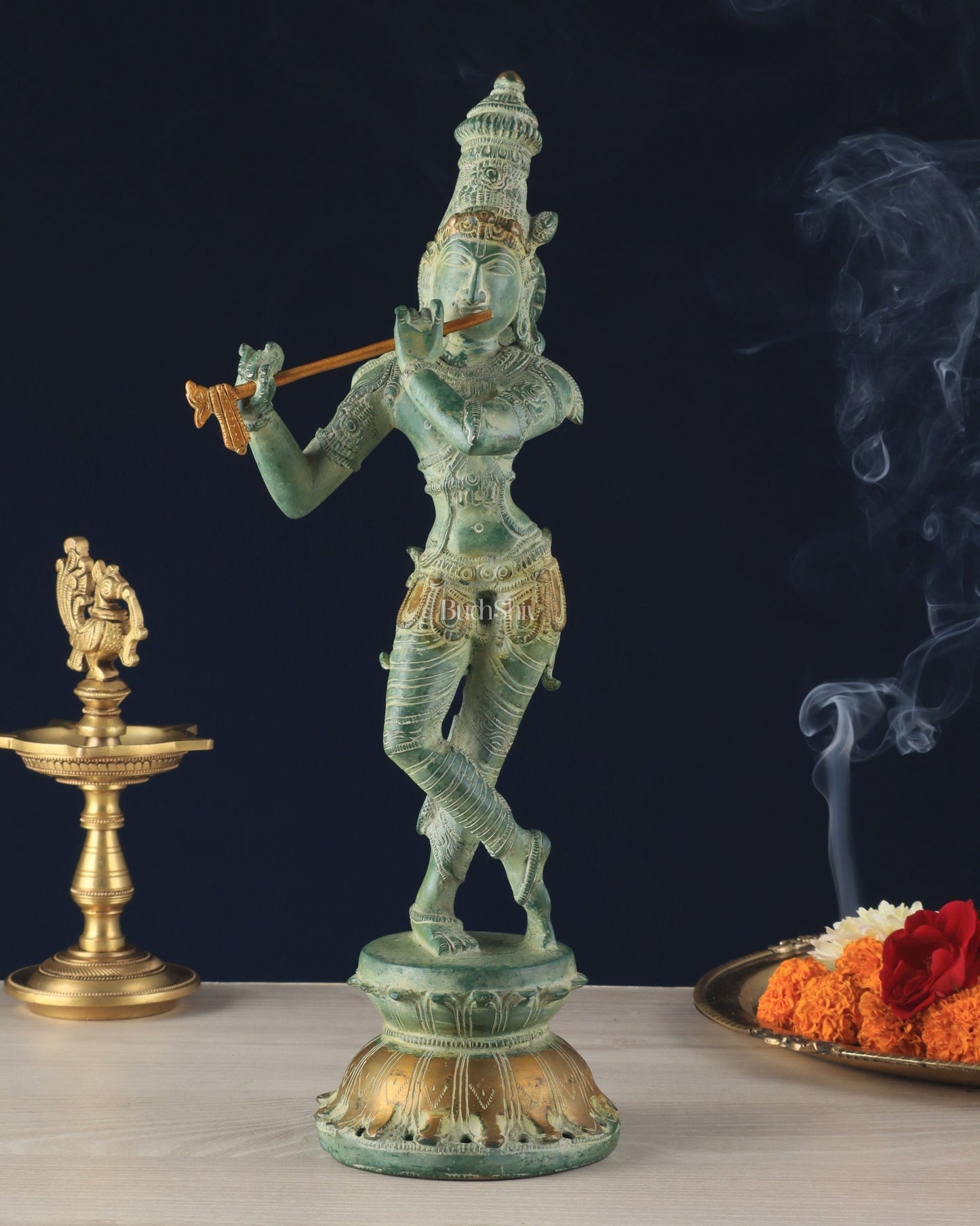 Pure Brass Krishna Statue with Green Stone Finish – Divine Lord Krishna Idol (15 Inches) - Budhshiv.com