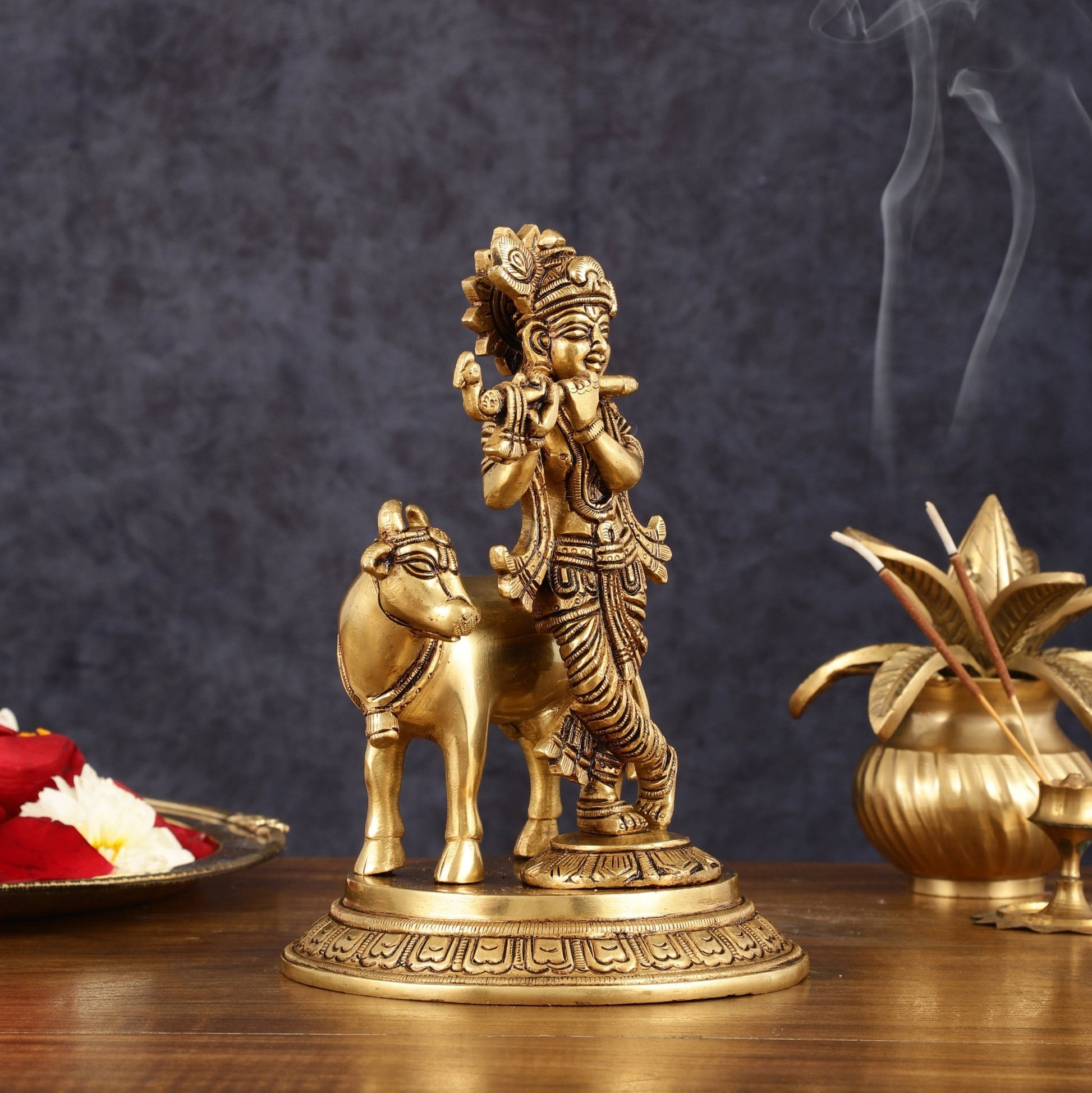 Pure Brass Krishna with Cow Idol - 8" Height - Budhshiv.com