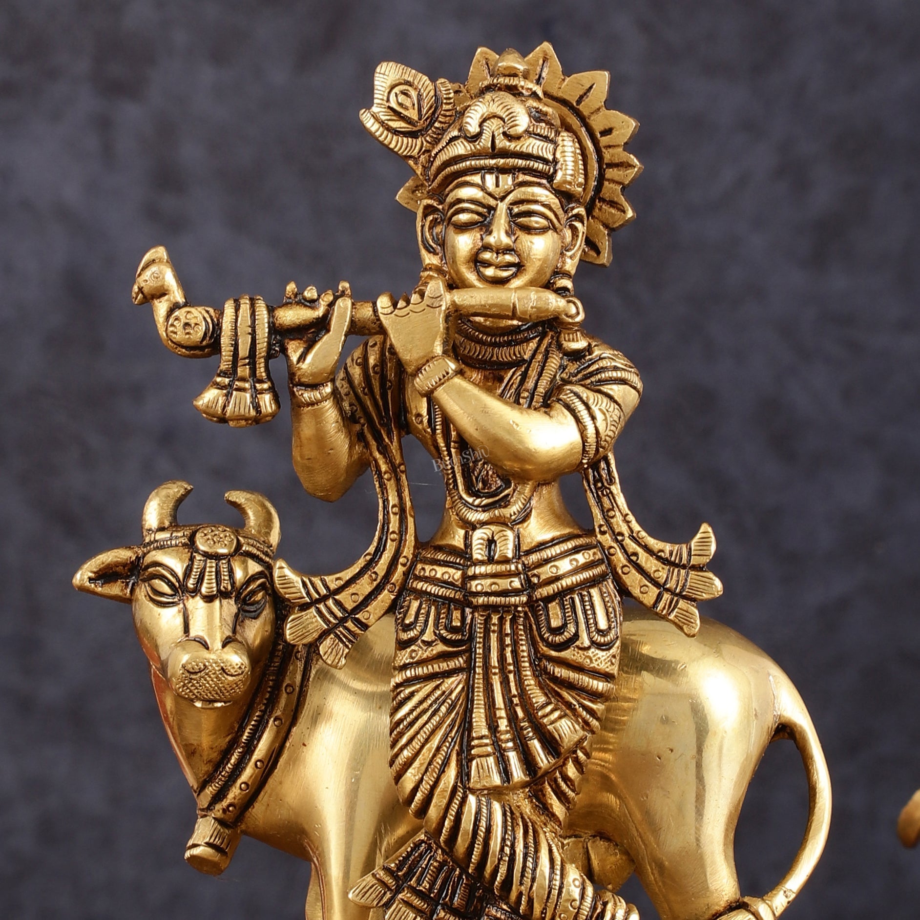 Pure Brass Krishna with Cow Idol - 8" Height - Budhshiv.com