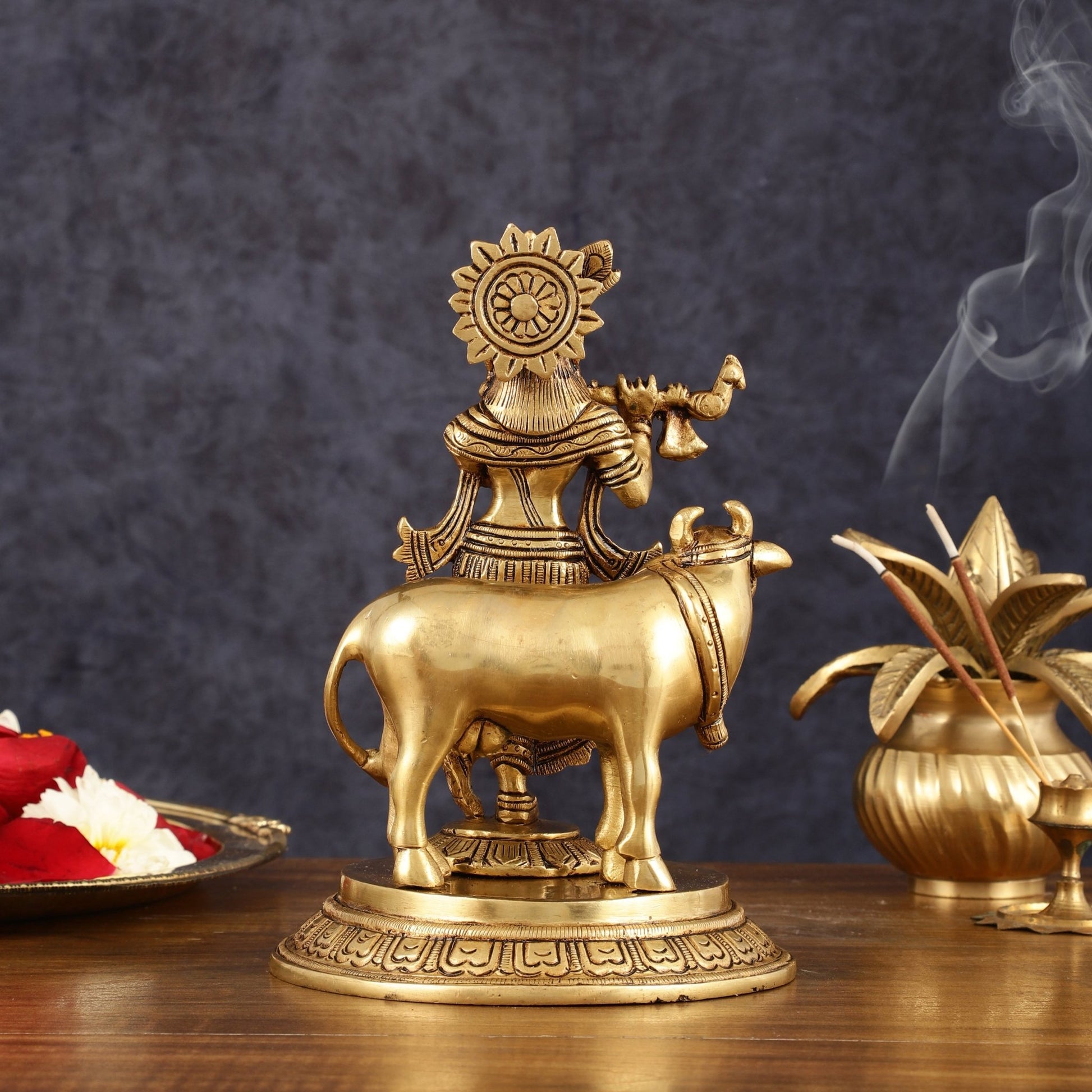 Pure Brass Krishna with Cow Idol - 8" Height - Budhshiv.com