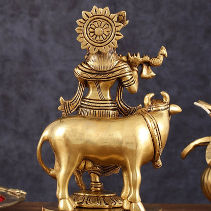Pure Brass Krishna with Cow Idol - 8" Height - Budhshiv.com