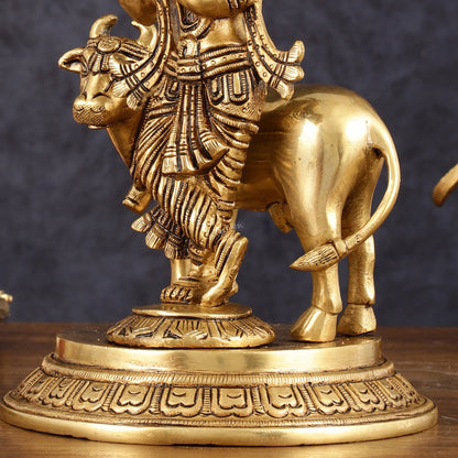 Pure Brass Krishna with Cow Idol - 8" Height - Budhshiv.com