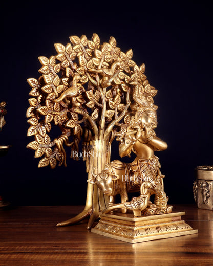 Pure Brass Krishna with Cow & Kalpavriksha Tree Combo 12 inch - Budhshiv.com