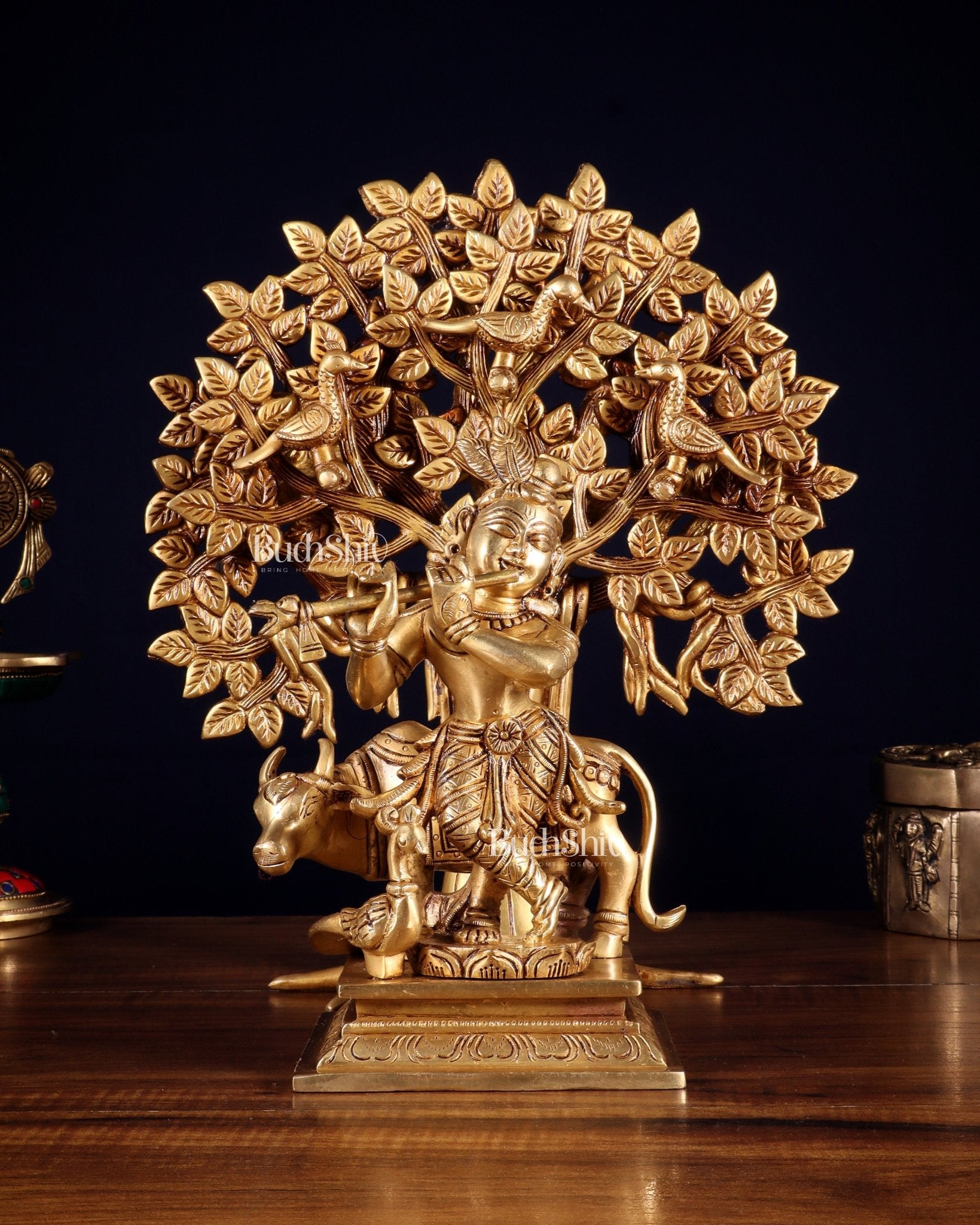 Pure Brass Krishna with Cow & Kalpavriksha Tree Combo 12 inch - Budhshiv.com