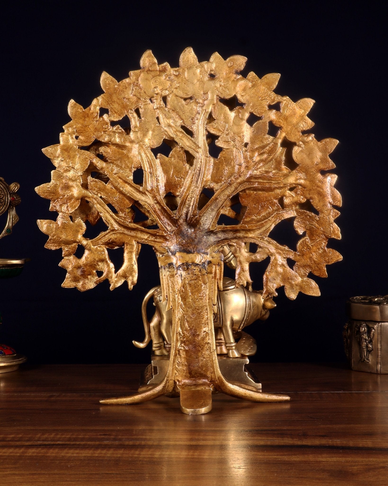 Pure Brass Krishna with Cow & Kalpavriksha Tree Combo 12 inch - Budhshiv.com
