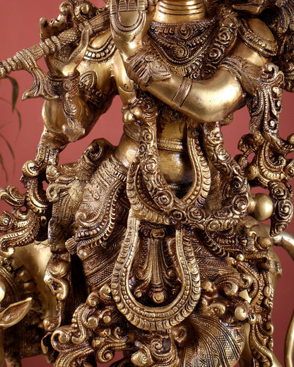 Pure Brass Krishna with cow large idol 26" venugopal statue - Budhshiv.com
