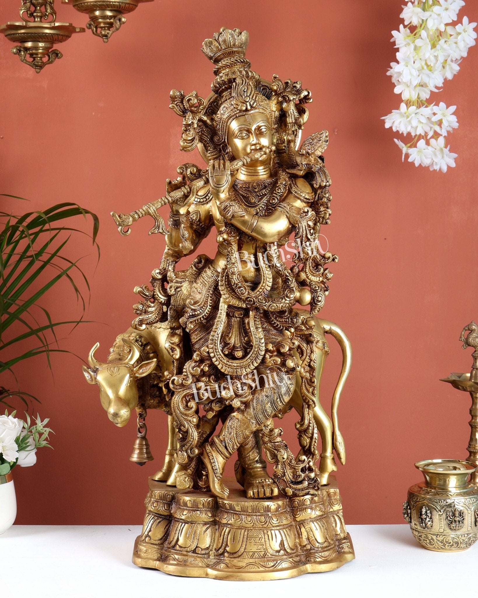 Pure Brass Krishna with cow large idol 26" venugopal statue - Budhshiv.com