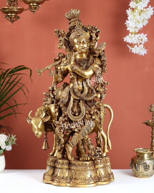 Pure Brass Krishna with cow large idol 26" venugopal statue - Budhshiv.com