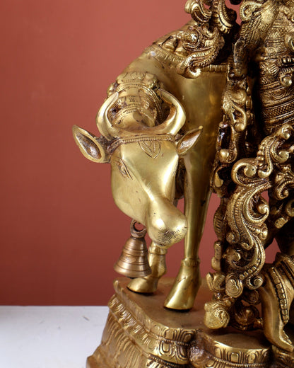 Pure Brass Krishna with cow large idol 26" venugopal statue - Budhshiv.com