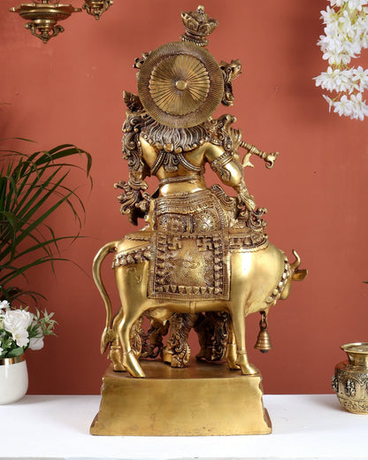 Pure Brass Krishna with cow large idol 26" venugopal statue - Budhshiv.com