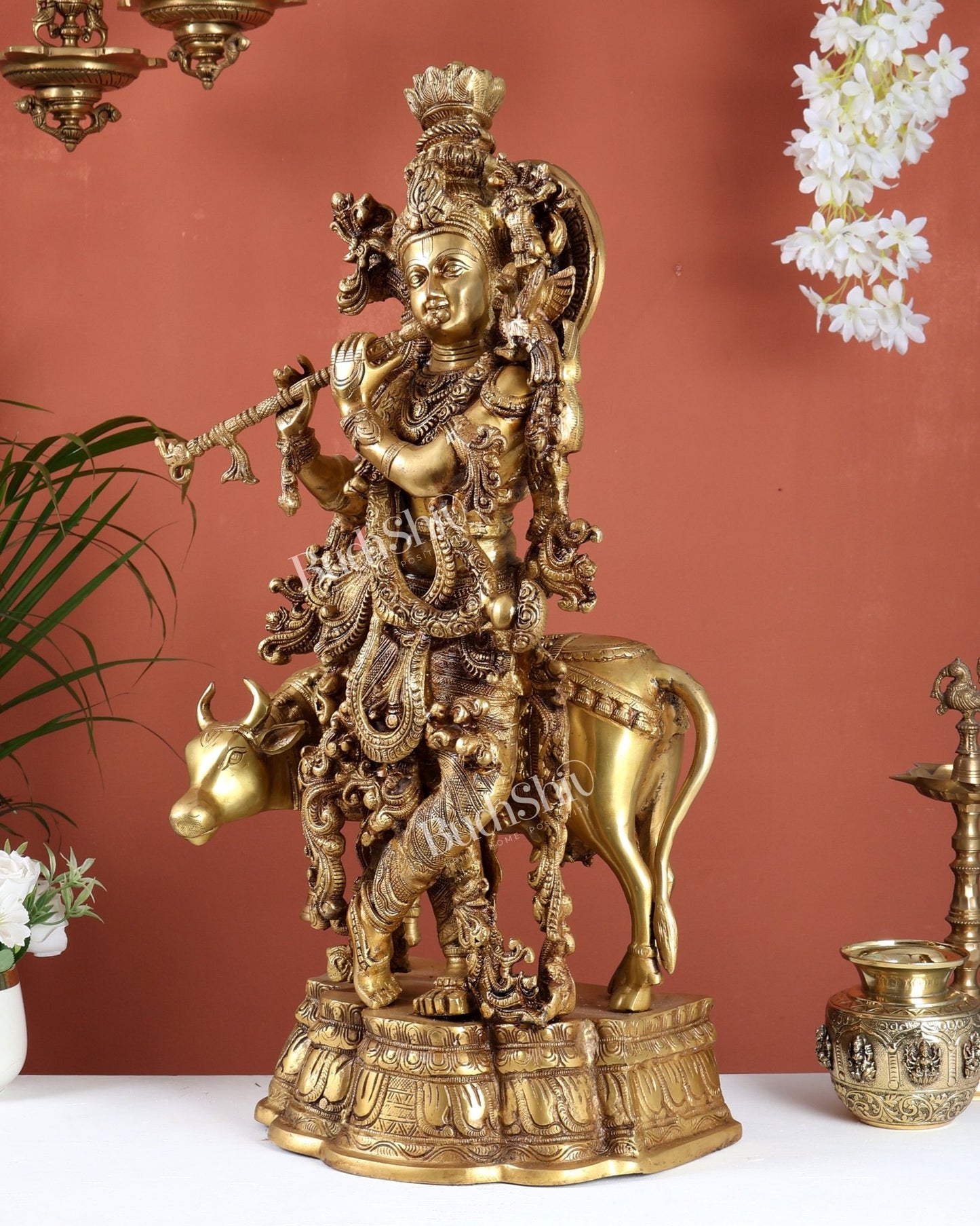 Pure Brass Krishna with cow large idol 26" venugopal statue - Budhshiv.com