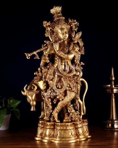 Pure Brass Krishna with cow large idol 26" - Budhshiv.com