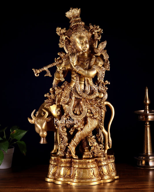 Pure Brass Krishna with cow large idol 26" - Budhshiv.com