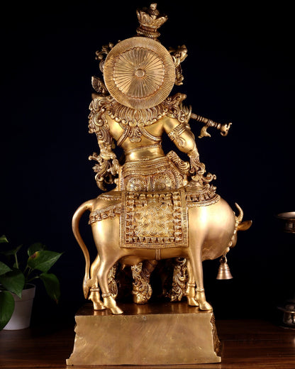 Pure Brass Krishna with cow large idol 26" - Budhshiv.com