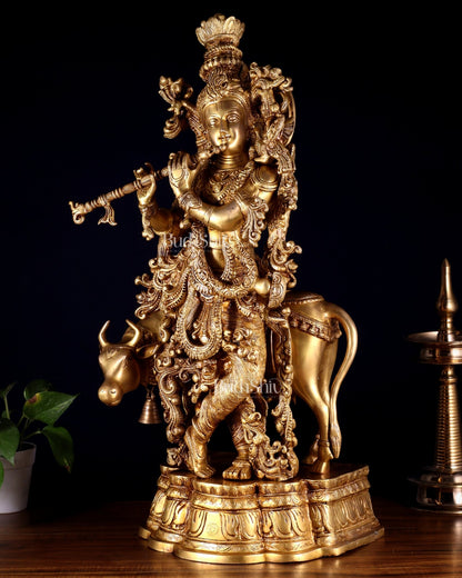 Pure Brass Krishna with cow large idol 26" - Budhshiv.com