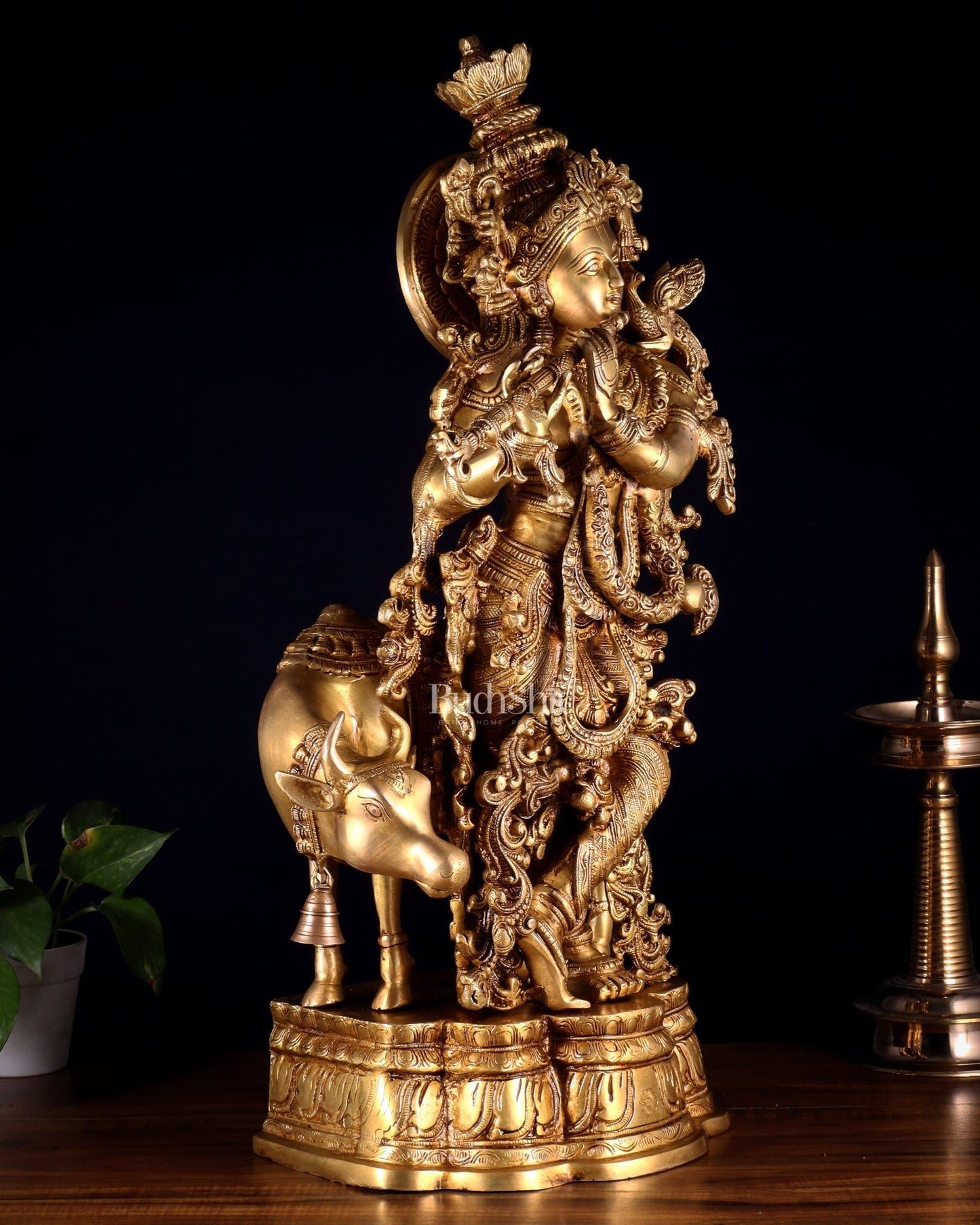 Pure Brass Krishna with cow large idol 26" - Budhshiv.com