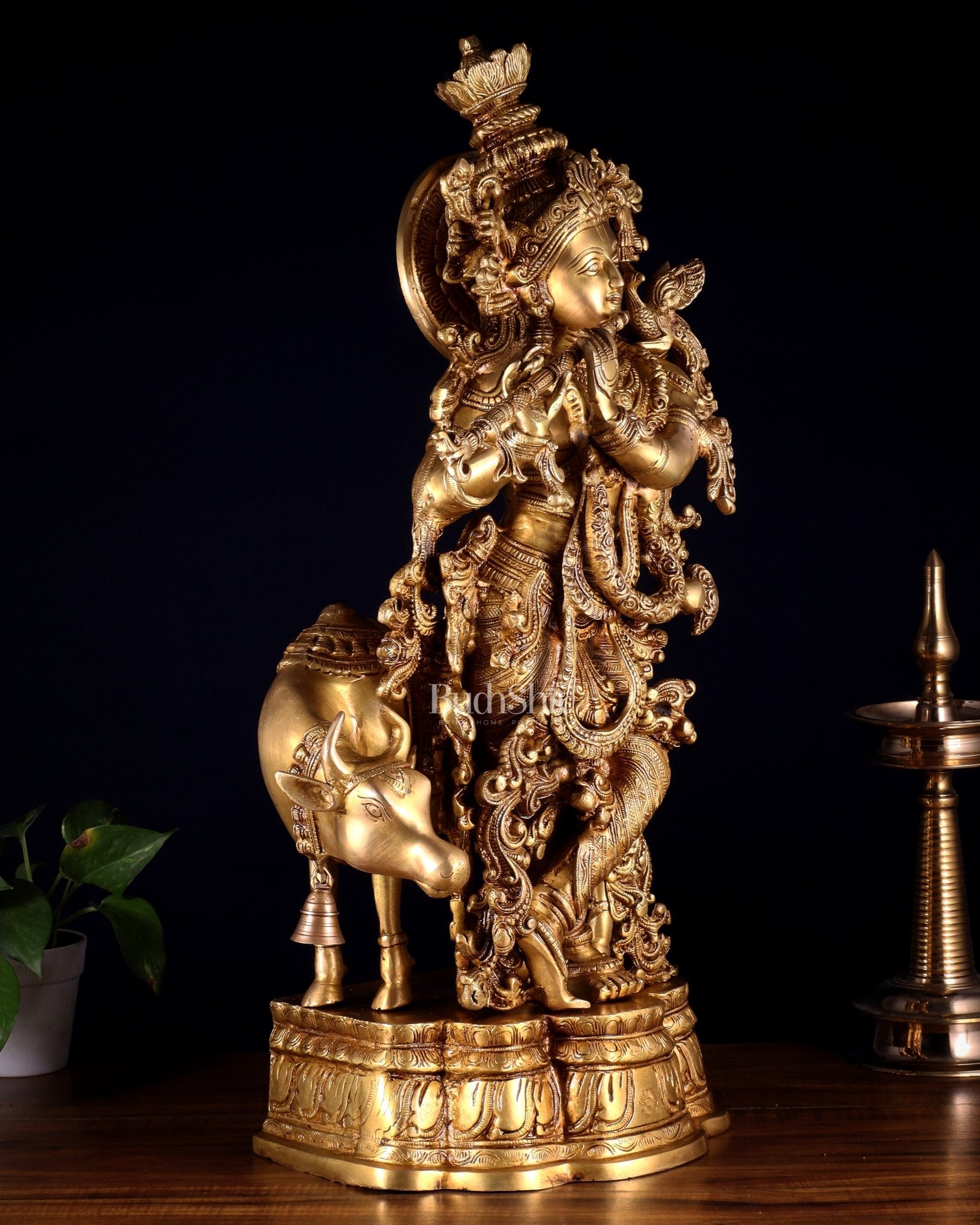Pure Brass Krishna with cow large idol 26" - Budhshiv.com