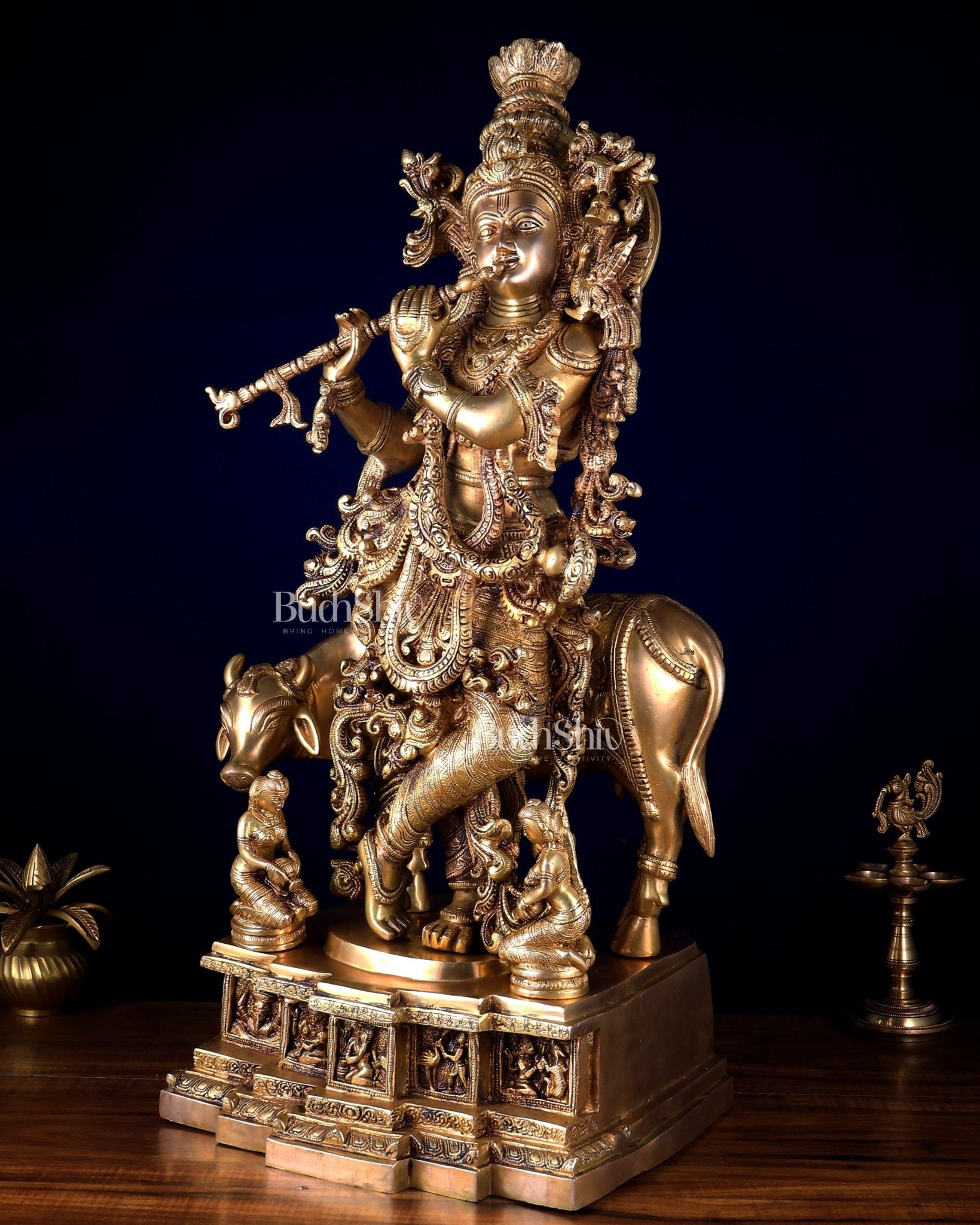 Pure Brass Krishna with Cow large sculpture - 29 inch - Budhshiv.com