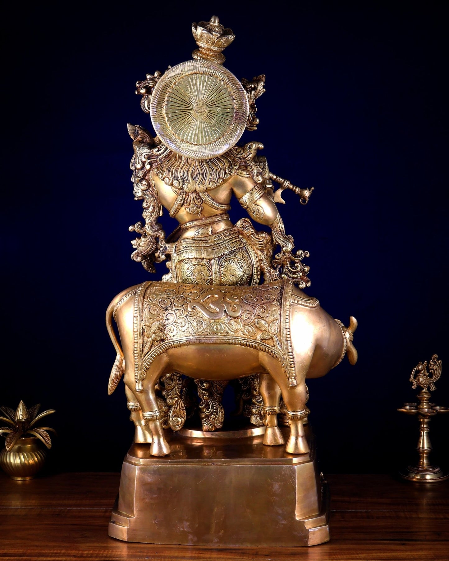 Pure Brass Krishna with Cow large sculpture - 29 inch - Budhshiv.com