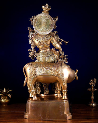 Pure Brass Krishna with Cow large sculpture - 29 inch - Budhshiv.com