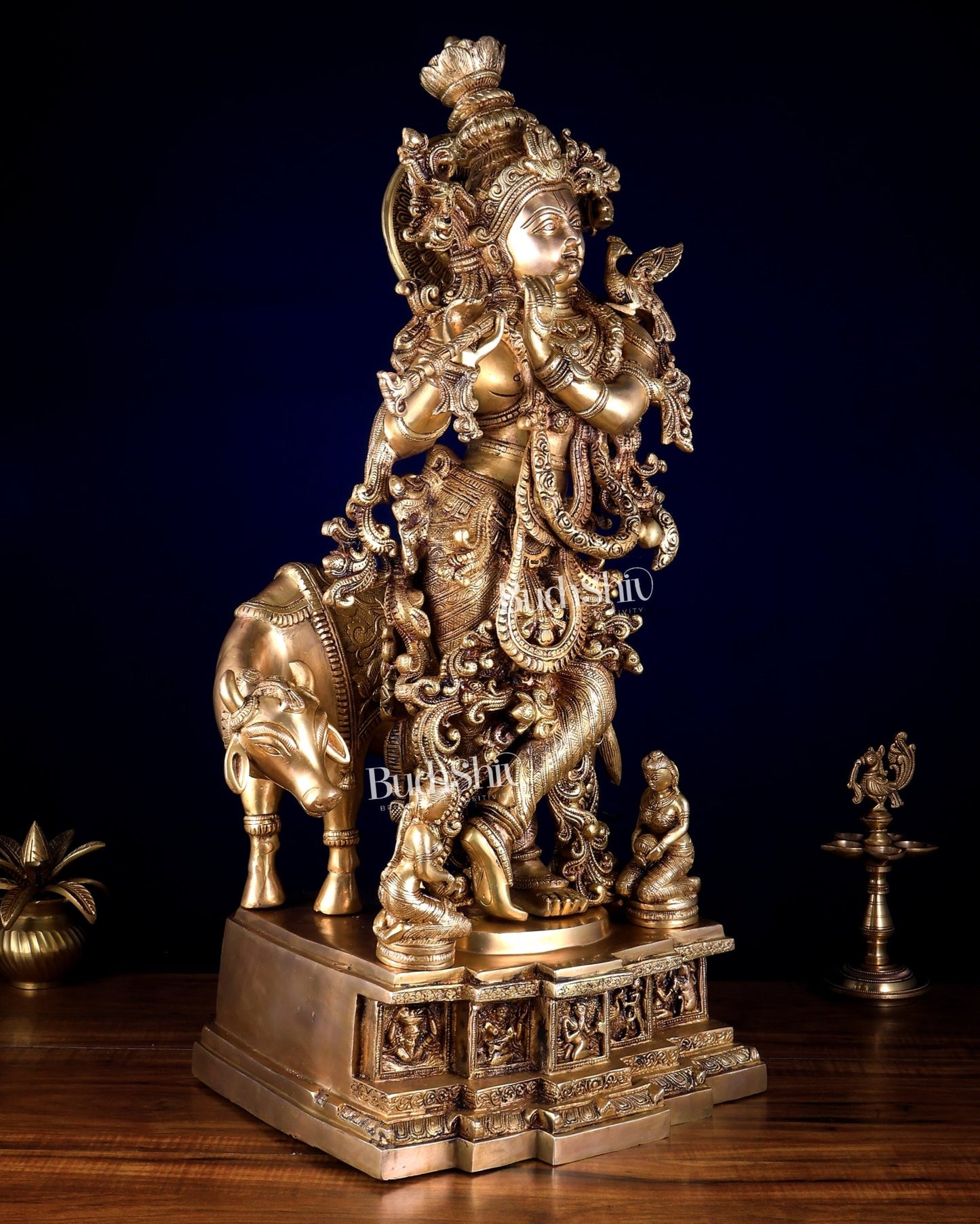 Pure Brass Krishna with Cow large sculpture - 29 inch - Budhshiv.com