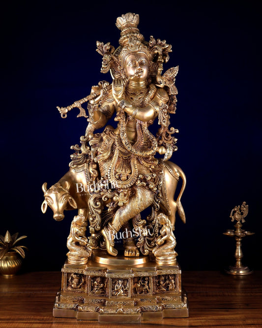Pure Brass Krishna with Cow large sculpture - 29 inch - Budhshiv.com