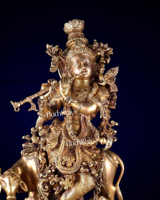 Pure Brass Krishna with Cow large sculpture - 29 inch - Budhshiv.com