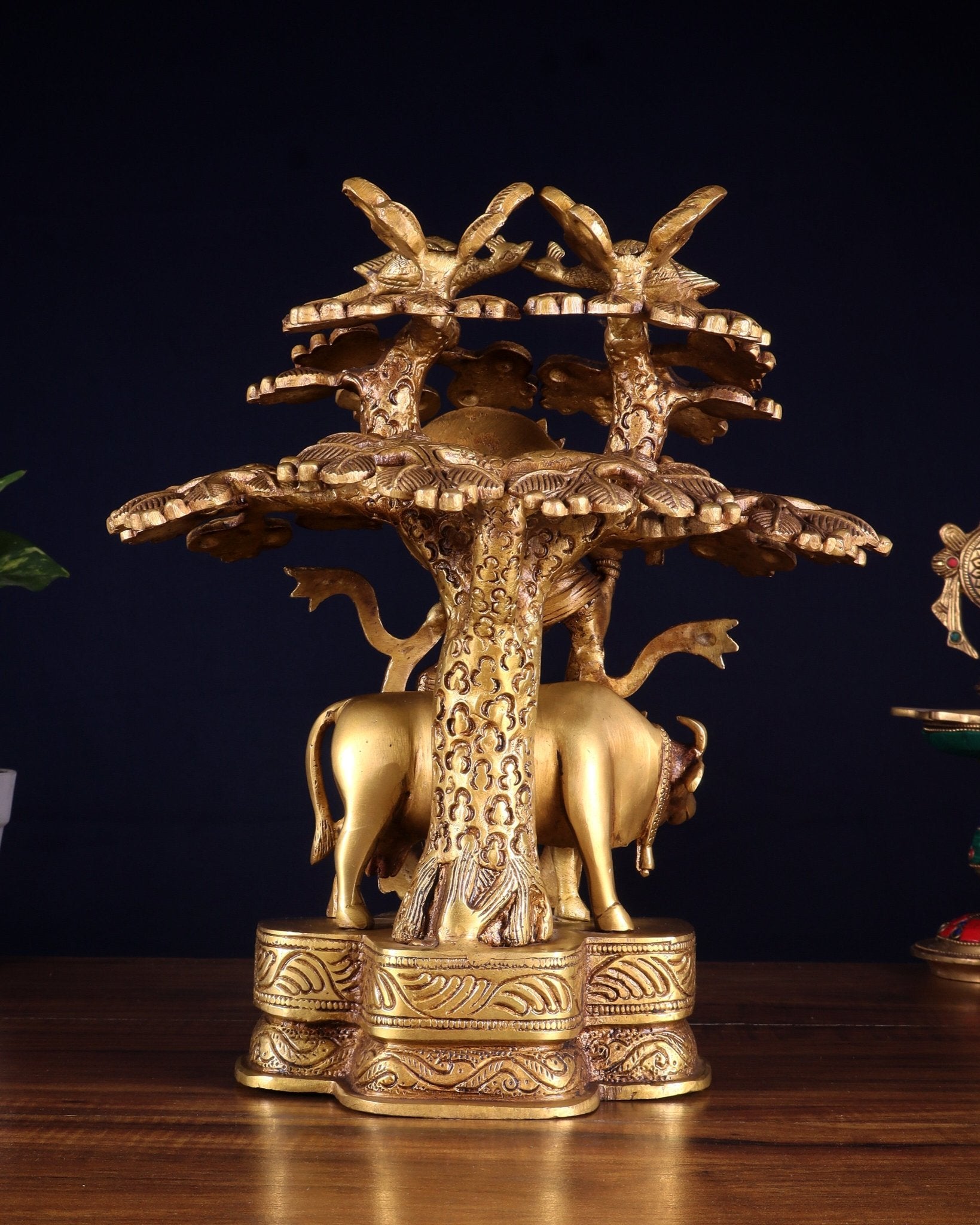 Pure Brass Krishna with Cow Under Kalpavriksha tree Statue 12 inch - Budhshiv.com